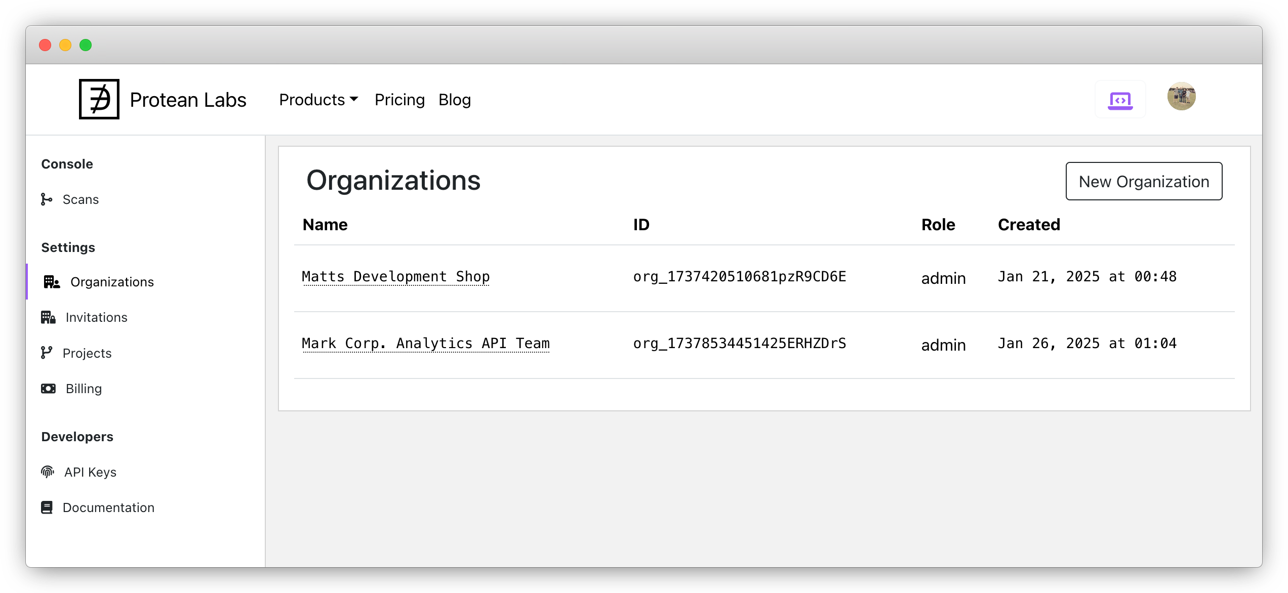 Organizations page screenshot